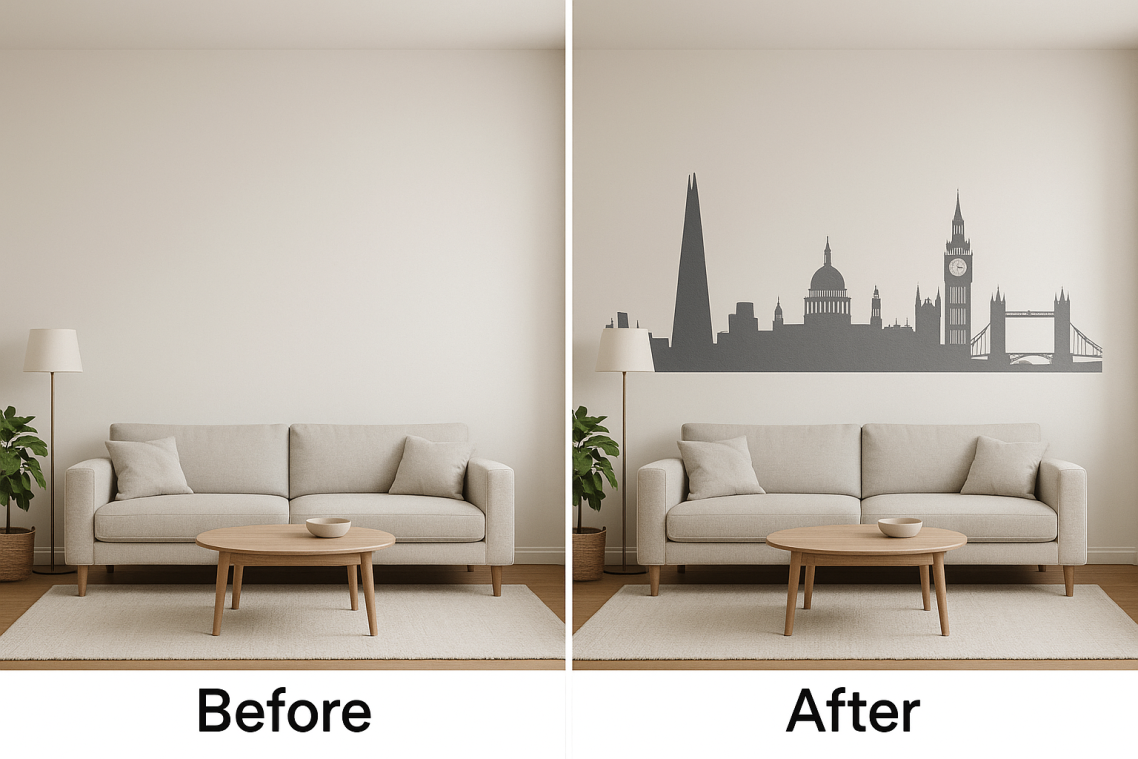 London skyline living room mural printed with UV wall printer