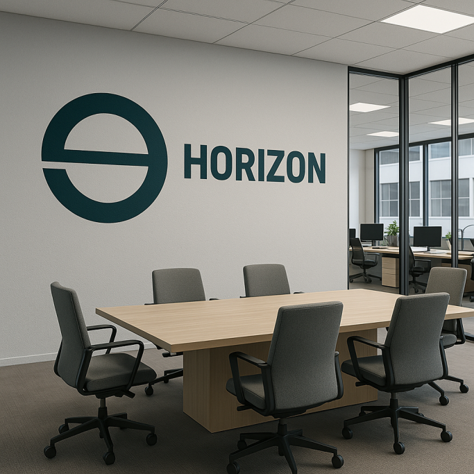 Company logo printed directly on office wall in the UK