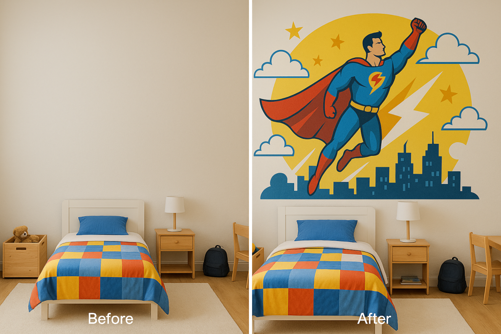 Superhero themed kids bedroom wall mural printed in Kent