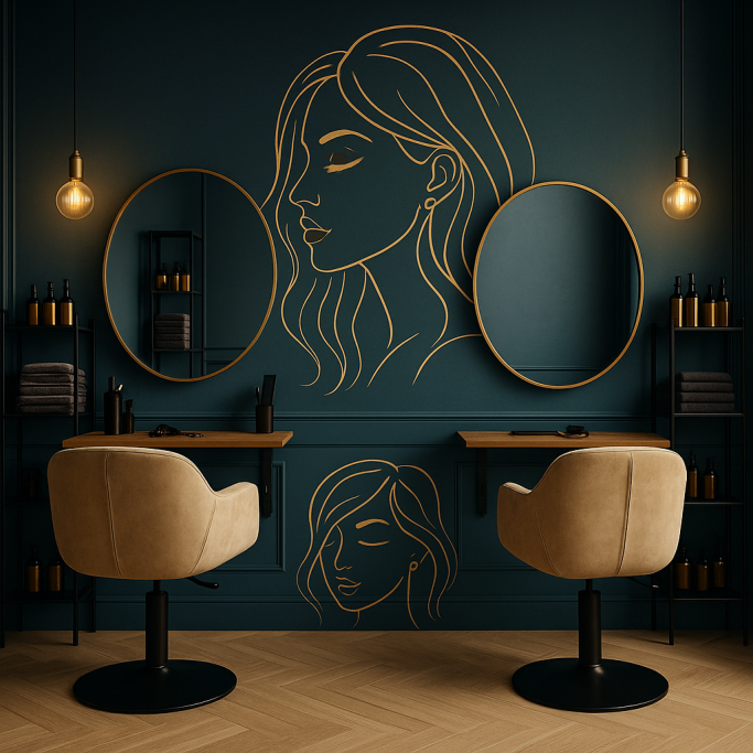 Modern hair salon interior with an elegant line-art portrait mural printed directly on the wall using UV wall printing