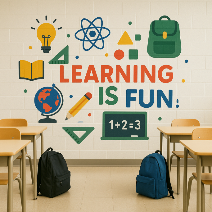 Inspirational learning theme mural in UK school classroom